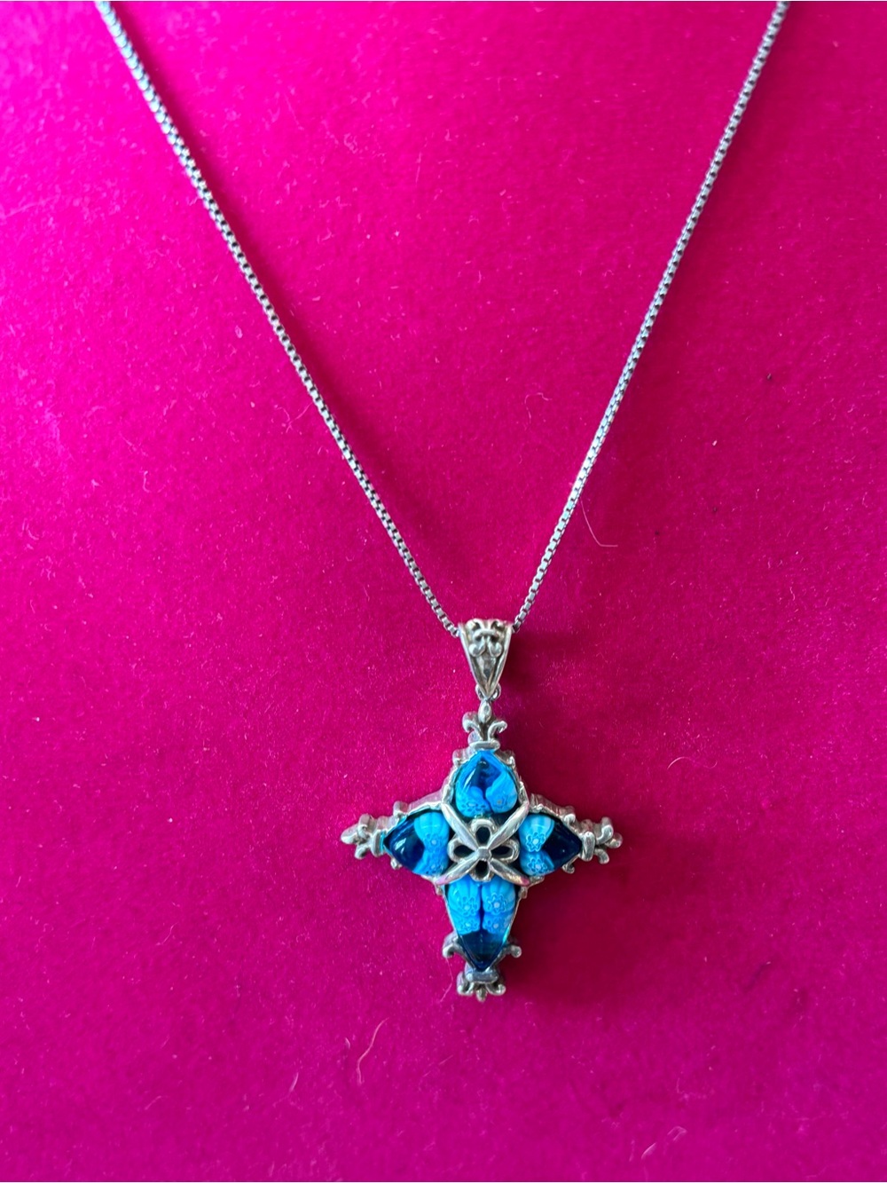 Vintage 925 Italian Murano Glass Cross Pendant Necklace 20.5” Box Chain